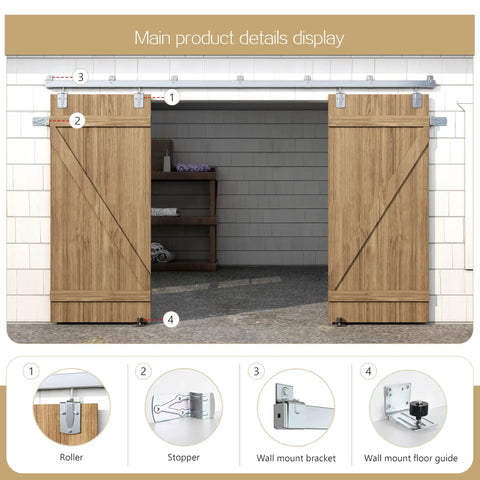 Premium 24ft Heavy Duty Galvanized Steel Exterior Sliding Barn Door Hardware Kit Featuring Rust Free Track Rollers mounted on two wooden doors.
