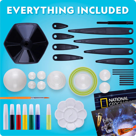 Glow In The Dark Solar System Model Kit For Kids Ages 8-12 Build A 3D Planetary System With Movable Arms Paintable Planets Cool STEM Craft For Space Themed Bedrooms And Decor components displayed on a blue background