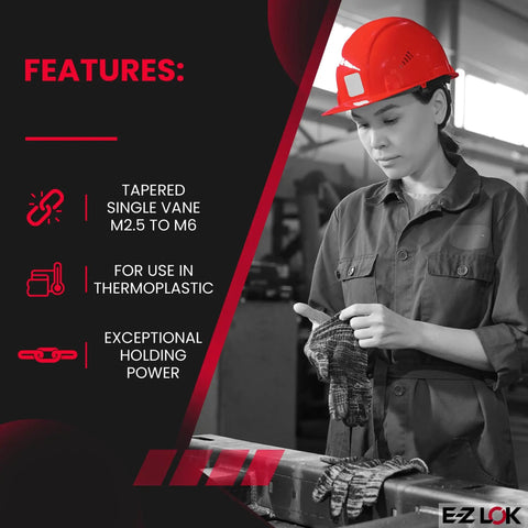 Woman in factory wearing a red hard hat, showcasing features of Ultrasonic Threaded Inserts For Plastic Kit M2.5 to M6.