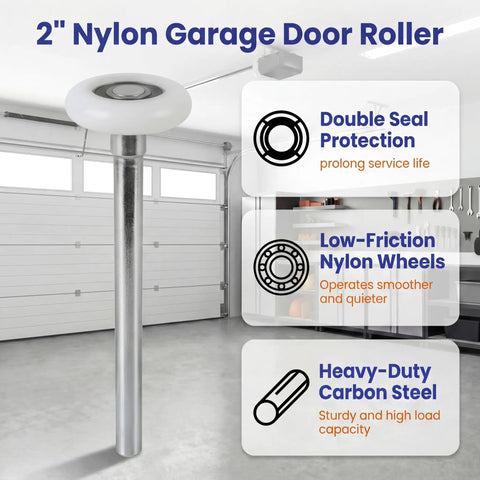 10 Pack 7 Inch Stem 2 Inch Sealed Nylon Garage Door Rollers Ultra Quiet Long Lasting High Load Uses 6200 Double Seals Precision Bearings For Home And Commercial Use displayed in garage setting