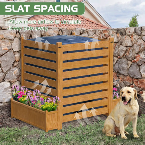Outdoor Wood Privacy Fence Panels For Air Conditioner Trash Can And Pool Equipment Enclosures With Planter Box Yard Must Have Privacy Screen 3 Panels 36 Inches Wide By 45 Inches High Easy Install, slat spacing detail with dog.