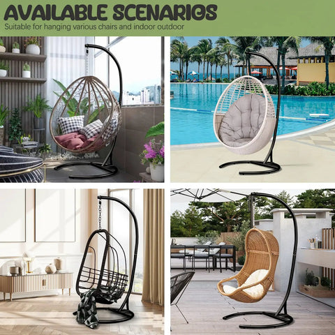 Four views of Heavy Duty Hammock Chair Stand 300 Lb Capacity For Indoor Outdoor Use Egg Chair Frame With 360 Degree Rotation