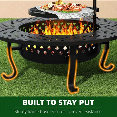43 Inch Outdoor Wood Burning Fire Pit With Lid And Two Grill Grates Metal Round Table with burning fire and grilled food