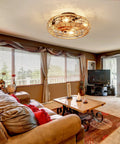 Living room with Caged Low Profile Ceiling Fan With Light 20 Inch Flush Mount Boho Hemp Rope Farmhouse Style and leather sofa.