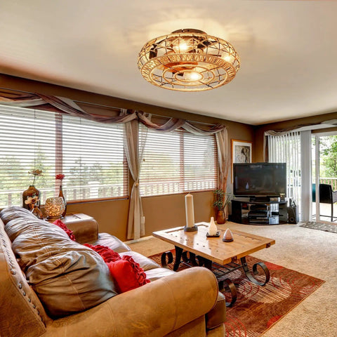 Living room with Caged Low Profile Ceiling Fan With Light 20 Inch Flush Mount Boho Hemp Rope Farmhouse Style and leather sofa.