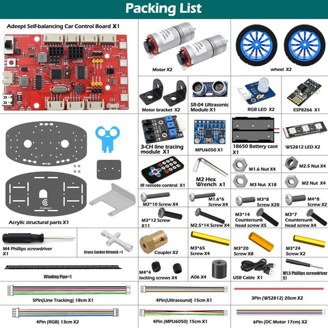 Self Balancing Robot Car Kit With Arduino IDE Compatibility For Hands On Coding And Tinkering In Robotics And STEM Projects Includes Line Tracking Ultrasonic Sensor And IR Remote Programming Set parts list