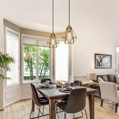 Dining room with 2 Pack Plug In Pendant Lights Matte Gold Vintage Brass Cage Fixtures With 15 Ft Cord And On Off Switch
