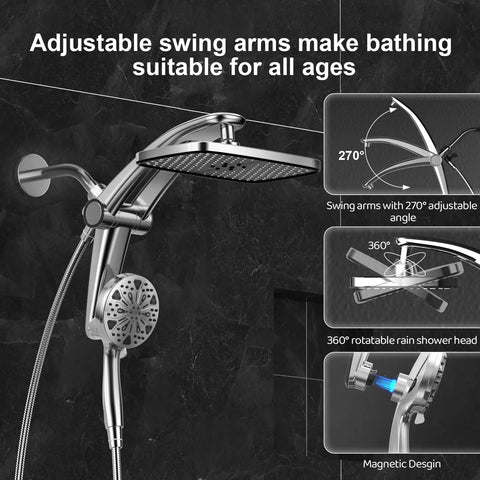 12 Inch Badass High Pressure Rain Shower Head With Detachable Handheld Spray Combo And Rock Solid Magnetic Bracket Featuring Adjustable Angle Settings For Killer Water Flow