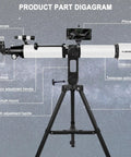Dope 90mm Refractor Telescope For Adults With 1000mm Focal Length, Ultra Stable AZ Mount, Tripod, And Phone Adapter diagram