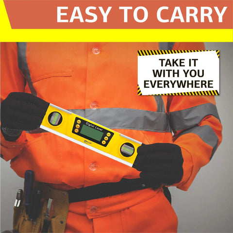Worker holding Digital Level 10 Inch Torpedo Level With Protractor And Magnetic Base, Bright LCD Display in orange safety gear.