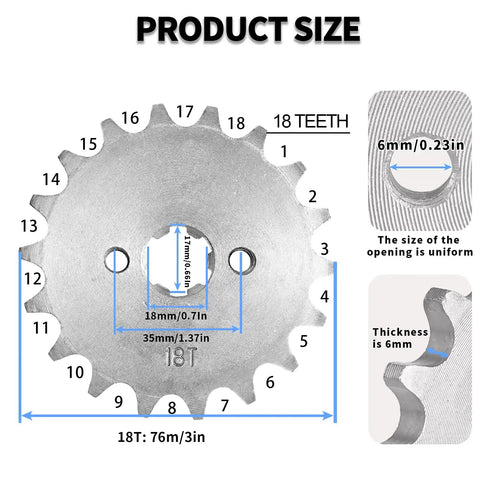 428 Chain Front Engine Sprocket 18T 17mm Width For 50cc 70cc 110cc 125cc 140cc 160cc Honda TaoTao Roketa Coolster Sunl Lifan Chinese ATV Quad Dirt Bike Includes Octagonal Wrench with size dimensions