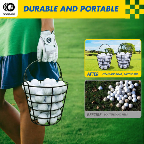 Stainless Steel Golf Ball Basket With Handle Pack Of 2 Holds 50 Balls Each, shown in use for easy practice cleanup and organization.