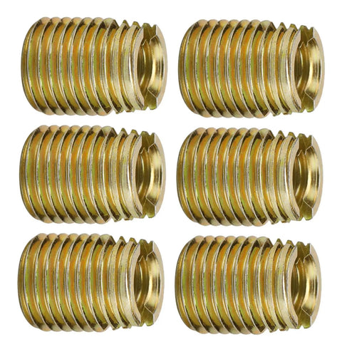 20 Pcs Self Tapping Thread Inserts Made With Tough Carbon Steel And Yellow Zinc Plating For Screw Repair Jobs In Cars Electronics Or Furniture With Vibration Proof Hold That Keeps Things Tight Down No Slipping, showing six carbon steel thread inserts.