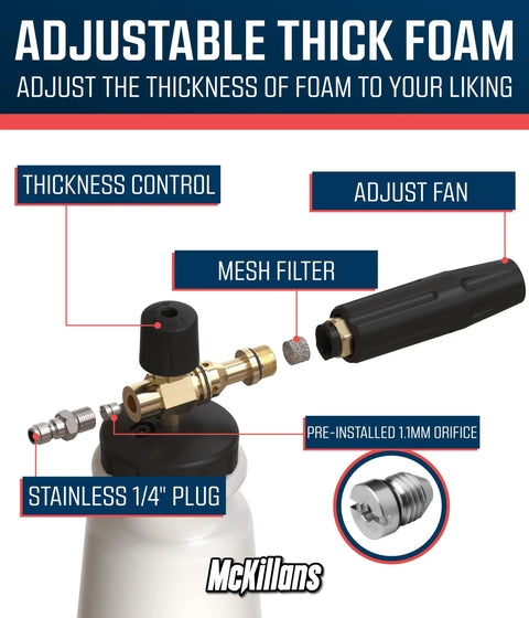 Wide Mouth Foam Cannon For Pressure Washer With Adjustable Thick Foam Snow Foam Solution Soap Dispenser One Quarter Inch Quick Connector Car Wash Lance showing components like thickness control, mesh filter, and stainless 1/4" plug.