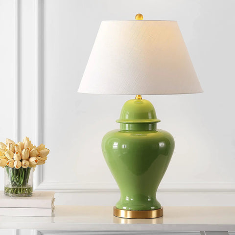 Teal Ceramic Ginger Jar Table Lamp 33 Inch Modern Traditional LED Bulb Included White Linen Shade Perfect For Living Room Bedroom Entryway Vibe With Warm Soft Glow