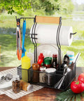 Grill Caddy With Paper Towel Holder And Seven Compartment Organizer For Outdoor BBQs, spices, condiments, plates, and utensils