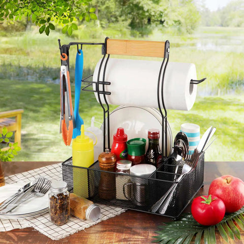 Grill Caddy With Paper Towel Holder And Seven Compartment Organizer For Outdoor BBQs, spices, condiments, plates, and utensils
