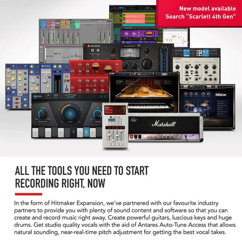 Digital audio software interfaces displayed with Scarlett 4i4 3rd Gen USB Audio Interface advertisement, tools for recording.