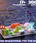 Hands On Electronics Exploration Kit For Kids With Over 300 Projects And 16 Circuit Parts Including Infrared Sensor Gyroscope Hand Crank Generator And RGB Light Modules A Premium Awesome STEM Toy Gift For Boys And Girls Ages 5 To 12 on display with various parts and wires in use