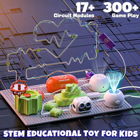 Hands On Electronics Exploration Kit For Kids With Over 300 Projects And 16 Circuit Parts Including Infrared Sensor Gyroscope Hand Crank Generator And RGB Light Modules A Premium Awesome STEM Toy Gift For Boys And Girls Ages 5 To 12 on display with various parts and wires in use