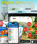 App Enabled Digital Aquarium Water Test Kit 10 In 1 For Freshwater And Saltwater Tanks with mobile app display next to tank.