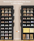 Tall Black 10 Tier Shoe Rack With Six Large Side Pockets showing removable tiers for taller shoes or objects, fits different pairs.