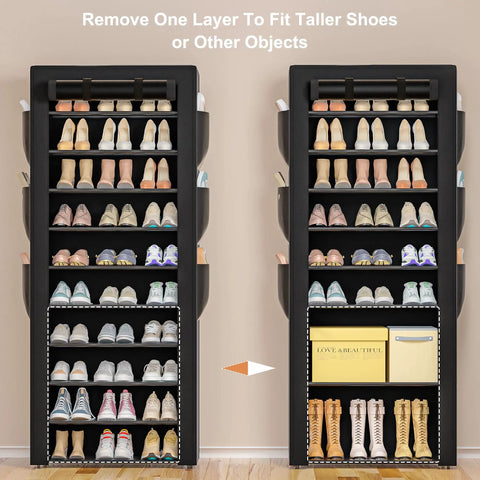 Tall Black 10 Tier Shoe Rack With Six Large Side Pockets showing removable tiers for taller shoes or objects, fits different pairs.