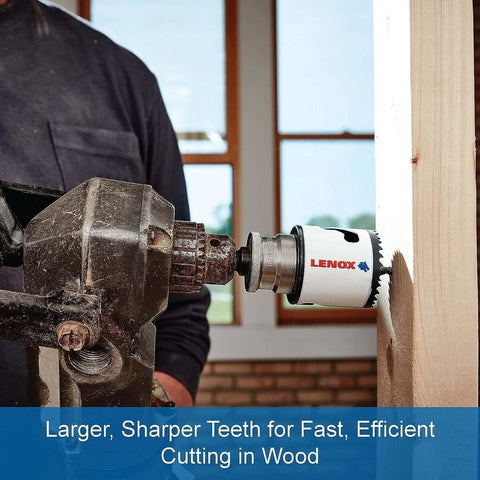 Lenox 4-inch bi-metal hole saw on arbor attached to a drill cutting wood