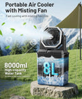 Outdoor view of Beast Battery Rechargeable Misting Fan with 8L water bucket in action, showcasing its misting function.