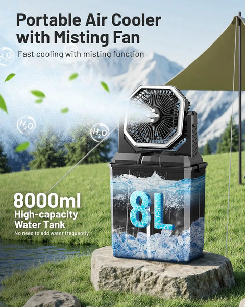 Outdoor view of Beast Battery Rechargeable Misting Fan with 8L water bucket in action, showcasing its misting function.