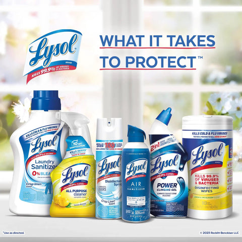 Lysol cleaning products including laundry sanitizer, all-purpose cleaner, disinfectant spray, and air sanitizer on display.