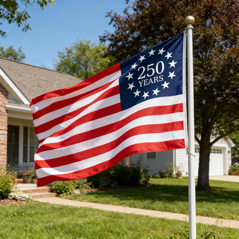 Huge 3x5 Ft Double Sided American Flag For 250th Anniversary 1776-2026 Outdoor Banner displayed on a pole in front of a house