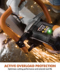 Close-up of R14DCT 14 Inch Electric Concrete Saw With High Torque 20 Amp Motor, sparks flying during a cut, orange handle visible