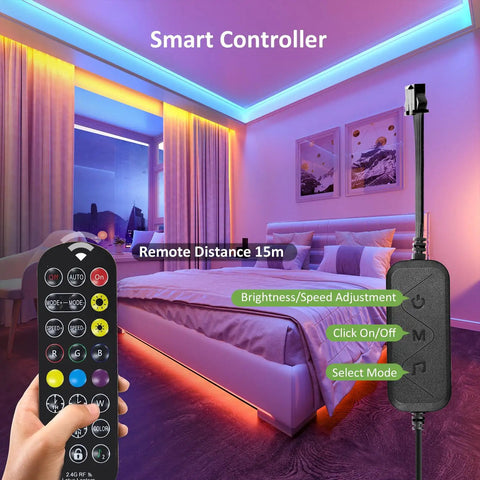 Smart LED controller and remote in lit bedroom with 20 Foot RGB Smart LED Strip Lights Kit With Dope Music Sync App Control.