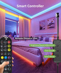 Bedroom with ambient lighting from 40Ft RGB Smart LED Strip Light Kit With 360 SMD 5050 LEDs, remote in hand, showing usage.