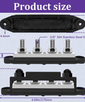 Heavy Duty 400 Amp 12 Volt Bus Bar Power Distribution Block dimensions showing stainless steel studs and nylon cover.