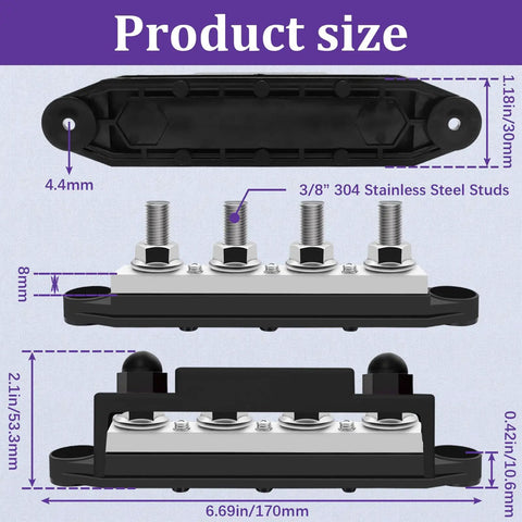 Heavy Duty 400 Amp 12 Volt Bus Bar Power Distribution Block dimensions showing stainless steel studs and nylon cover.