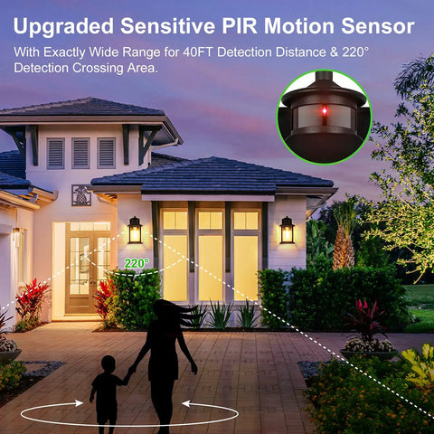 Two Pack Motion Sensor Outdoor Wall Lanterns with Dusk to Dawn Photocell, waterproof sconces on house exterior at dusk