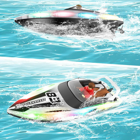 RC Boat With LED Lights, Self Righting, Waterproof Remote Controlled Watercraft for Pools, Lakes, and Baths in action on water