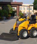 Thunder VI 23.5HP EPA gas engine wheel loader with bucket for construction, farming, and landscaping jobs on sunny site.
