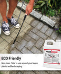 Person applying Penetrating Paver Sealer With Breathable Silane Formula on paver stones, eco-friendly and non-toxic.