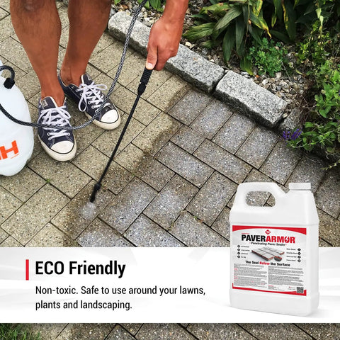 Person applying Penetrating Paver Sealer With Breathable Silane Formula on paver stones, eco-friendly and non-toxic.