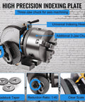 Heavy six inch rotary indexer with three jaw chuck and universal indexing head for CNC milling and drill press mods.