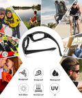 Slick And Tight Motorcycle Riding Glasses With Thick Silicone Padding For Knockout Windproof Dustproof Shield Rad UV400 Polycarbonate Lenses shown in various outdoor activities.