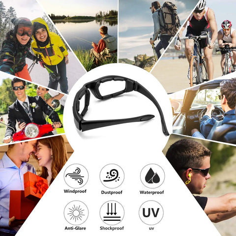 Slick And Tight Motorcycle Riding Glasses With Thick Silicone Padding For Knockout Windproof Dustproof Shield Rad UV400 Polycarbonate Lenses shown in various outdoor activities.