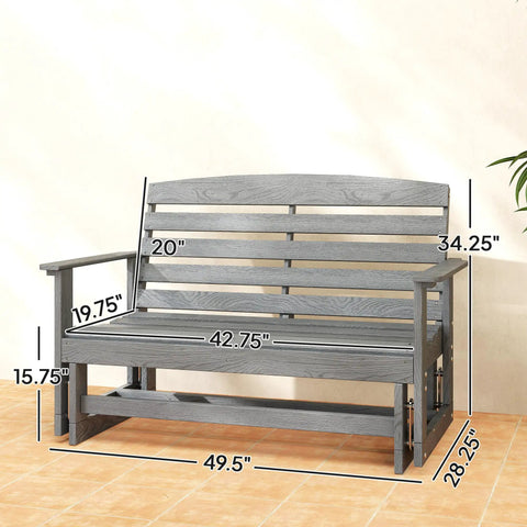 Two Person Outdoor Glider Bench For Backyards And Patios In Weather Resistant HDPE Distressed Gray With Slatted Design and Armrests