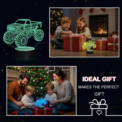 Lit 3D Monster Truck Night Light For Kids With 16 Color Changing LEDs Car Shaped Acrylic Lamp For Desk Bedroom Decor Perfect For Sleep Time Stories And Birthday Gifts featured as a holiday gift with family.