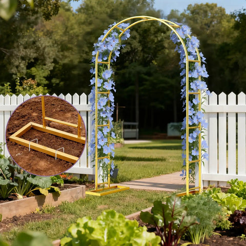Heavy Duty 7.2Ft Metal Garden Arch Trellis Arbor With Steel Frame And Base For Weddings And Outdoor Decor Yard Ready Pergola For Climbing Plants Perfect Backdrop For Bridal Parties And Valentines Day Garden Decor in garden with setup inset.