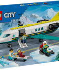 Sky Rescue Air Ambulance Building Blocks Toy Set Ages 6 7 8 9 Totally Educational Airplane Airport Scene With Pilot Doctor Paramedic Skier Mini Figures And Snow Scooter Birthday Gift For Boys And Girls on box cover showing assembled toy