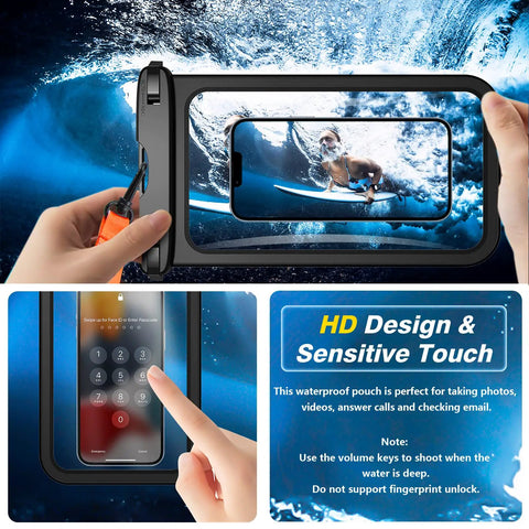 Hands holding Two Pack Waterproof Phone Pouch Go To Up To 10 Inch Large Universal IPX8 Dry Bag With Lanyard underwater view